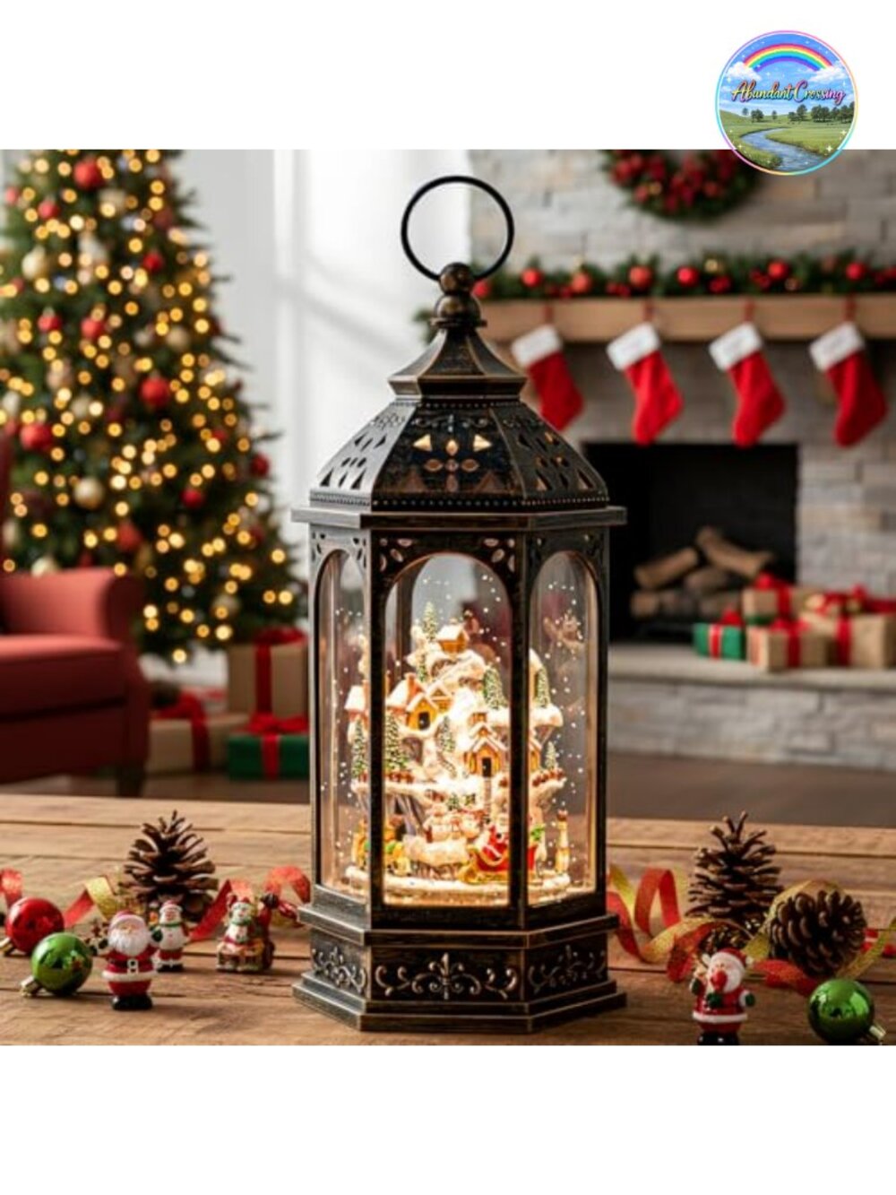 Christmas Snow Globe Lantern 12.8in Musical Santa Sleigh Rotating Glitter